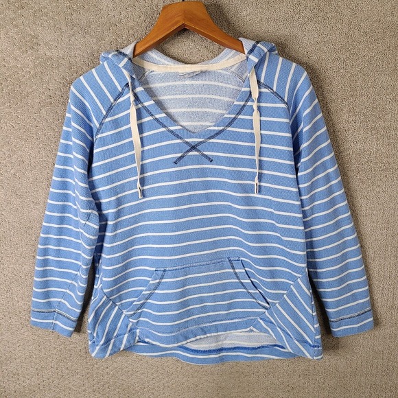 Columbia PFG Hoodie Womens Medium Blue White Striped Waffle Knit Pullover V Neck - Picture 1 of 12